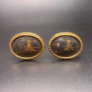 Krementz Cufflinks Gold Tone Asian Style Mountain Scene Painted Oval